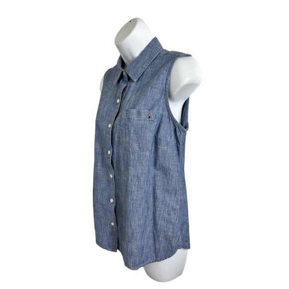 Women's Tommy Hilfiger Chambray Denim Button Front Sleeveless Shirt Sz Small Top - Picture 4 of 7